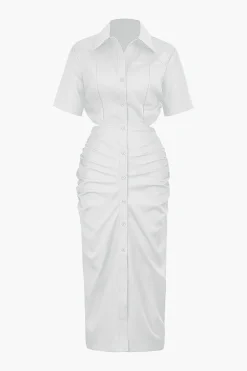 Cut Out Ruched Midi Shirt Dress
