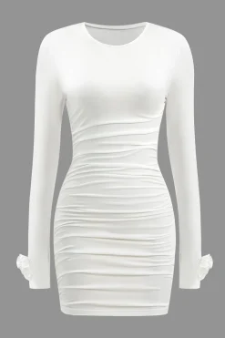 3D Floral Long Sleeve Round Neck Ruched Mini Dress