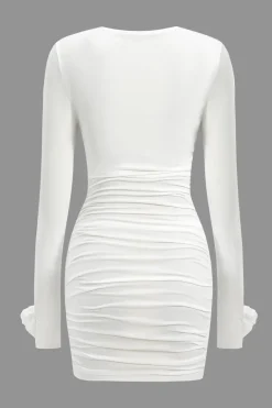 3D Floral Long Sleeve Round Neck Ruched Mini Dress