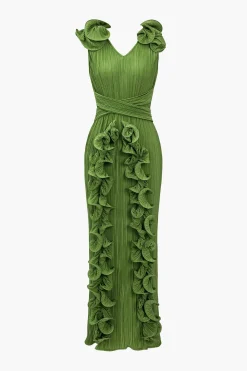 3D Floral V-neck Midi Dress