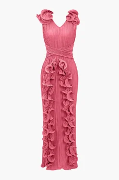 3D Floral V-neck Midi Dress