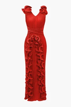 3D Floral V-neck Midi Dress