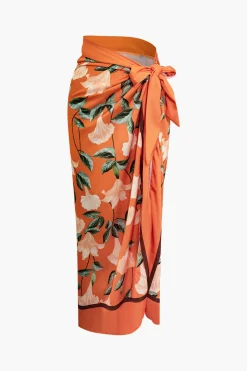 3D Flower Tie Halter Cut Out Swimsuit And Wrap Knot Cover Up Skirt Set