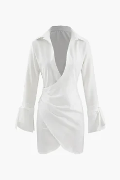 Deep V-neck Wrap Mini Shirt Dress
