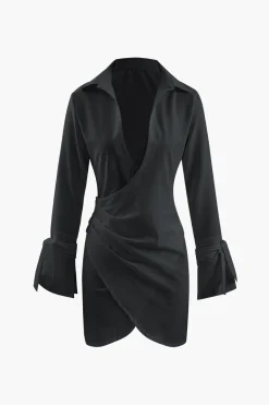 Deep V-neck Wrap Mini Shirt Dress