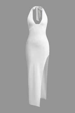 Deep-V Neck Halter Backless Slit Midi Dress