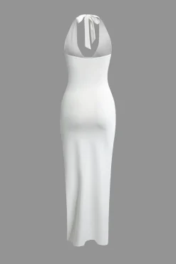 Deep-V Neck Halter Backless Slit Midi Dress