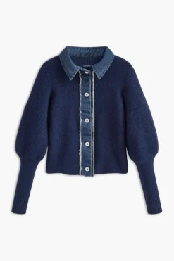 Denim Contrast Button-Up Sweater Cardigan