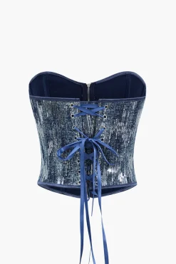 Denim Corset Sequin Zipper Tube Top