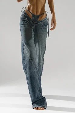 Denim Cut Out Washed Tie-Up Jeans