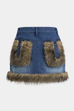 Denim Faux Fur Patchwork Button Skirt