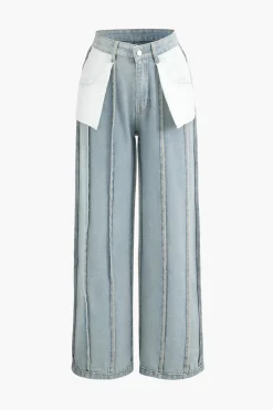 Denim Frayed Detail Straight Leg Jeans