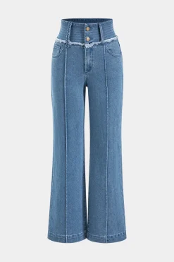 Denim High Waist Button Wide Leg Trousers