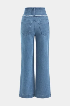 Denim High Waist Button Wide Leg Trousers