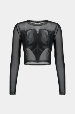 Denim Mesh Patchwork Long Sleeve T-Shirt