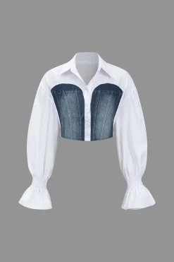 Denim Patchwork Bell Sleeves Long-Sleeve Shirt