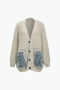 Denim Patchwork Button Pocket Sweater Cardigan