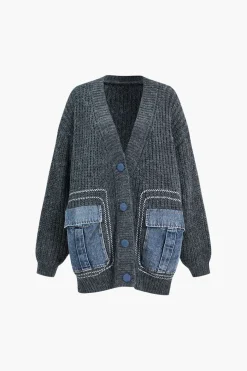 Denim Patchwork Button Pocket Sweater Cardigan