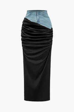 Denim Patchwork Color Block Ruched Zipper Skirt