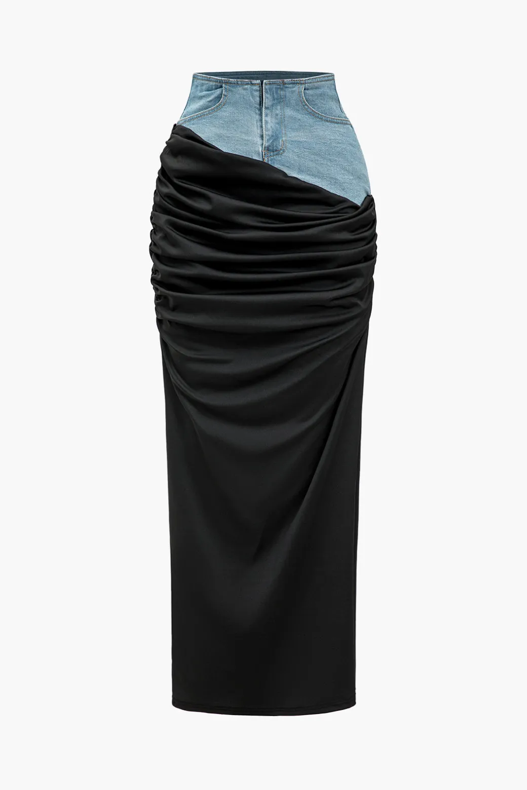 Denim Patchwork Color Block Ruched Zipper Skirt