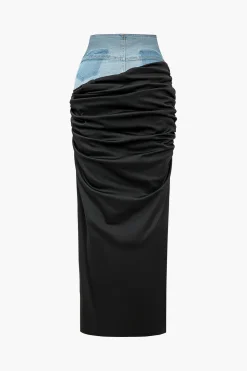 Denim Patchwork Color Block Ruched Zipper Skirt