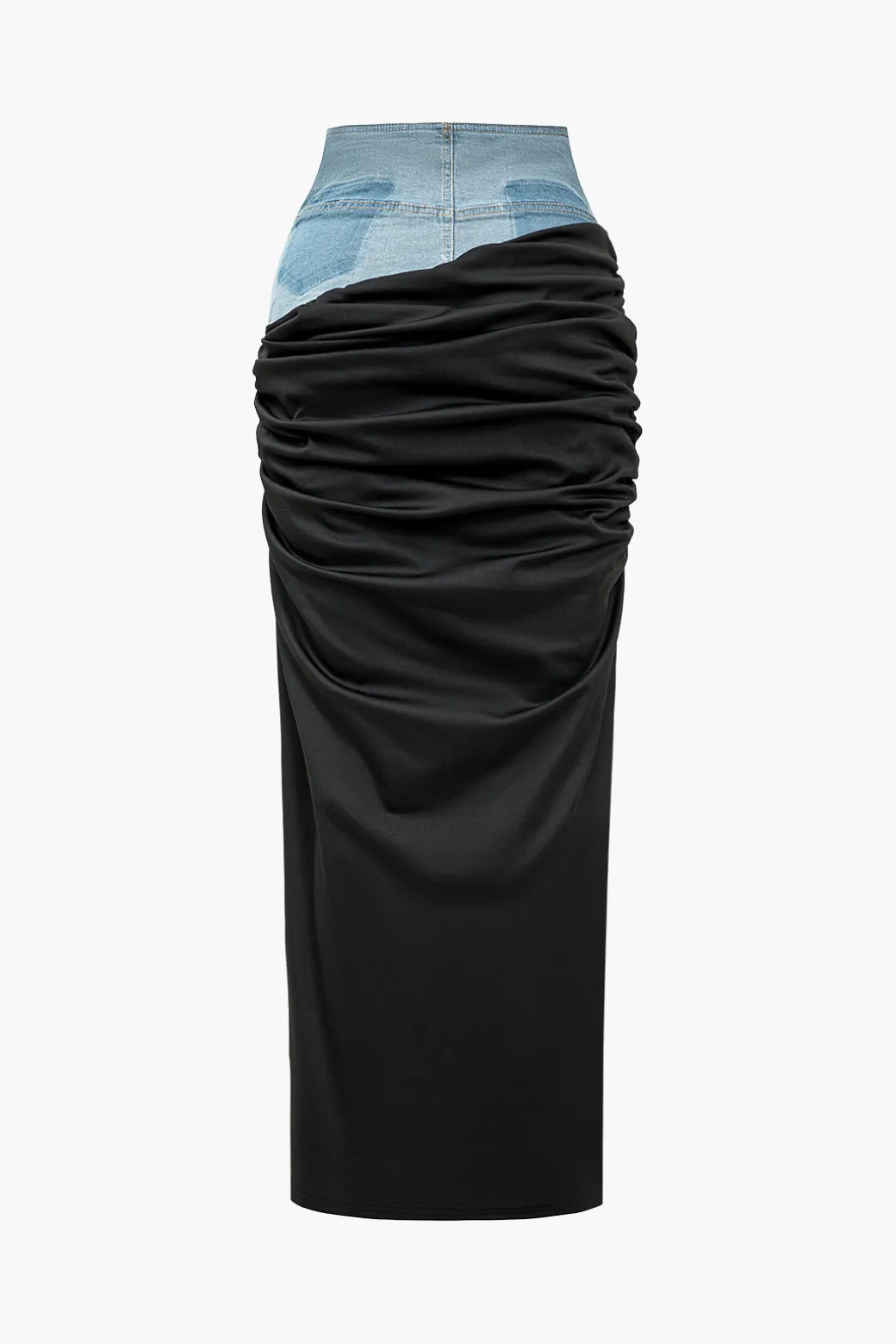 Denim Patchwork Color Block Ruched Zipper Skirt