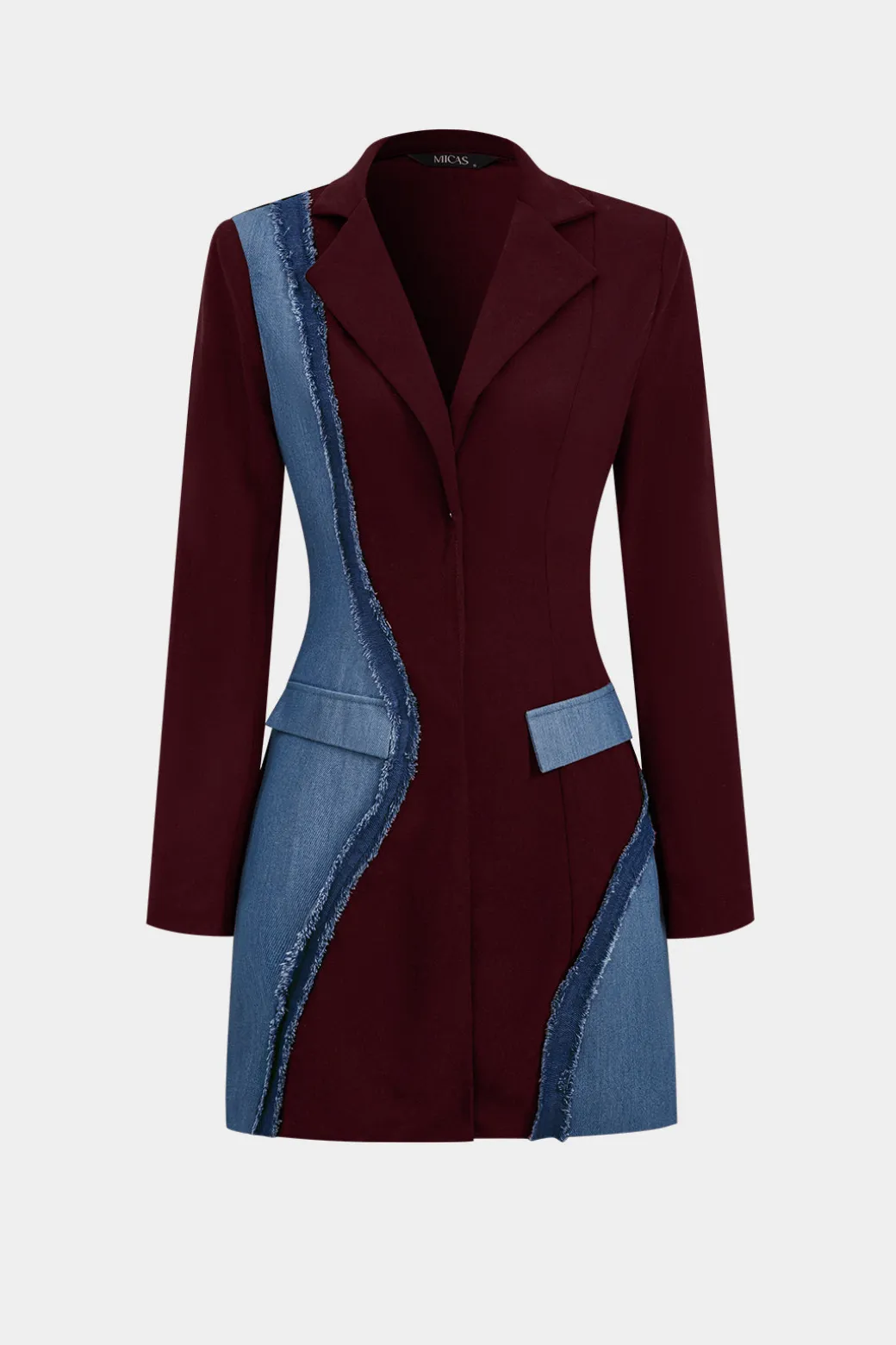 Denim Patchwork Long Sleeve Blazer Suit Mini Dress