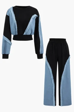 Denim Patchwork Long Sleeve Top And Wide Leg Trousers Set
