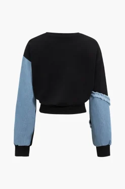 Denim Patchwork Long Sleeve Top And Wide Leg Trousers Set