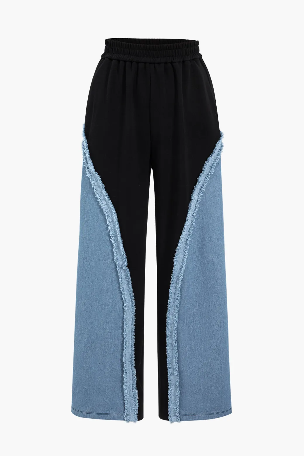 Denim Patchwork Long Sleeve Top And Wide Leg Trousers Set