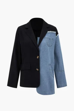 Denim Patchwork Notched Lapel Blazer