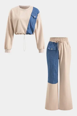 Denim Patchwork Pocket Drawstring Top And Trousers Set