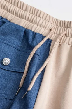 Denim Patchwork Pocket Drawstring Top And Trousers Set