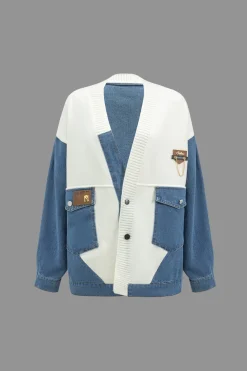 Denim Patchwork Pocket Sweater Cardigan