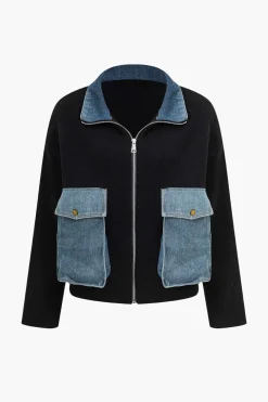 Denim Patchwork Pocket Sweater Cardigan