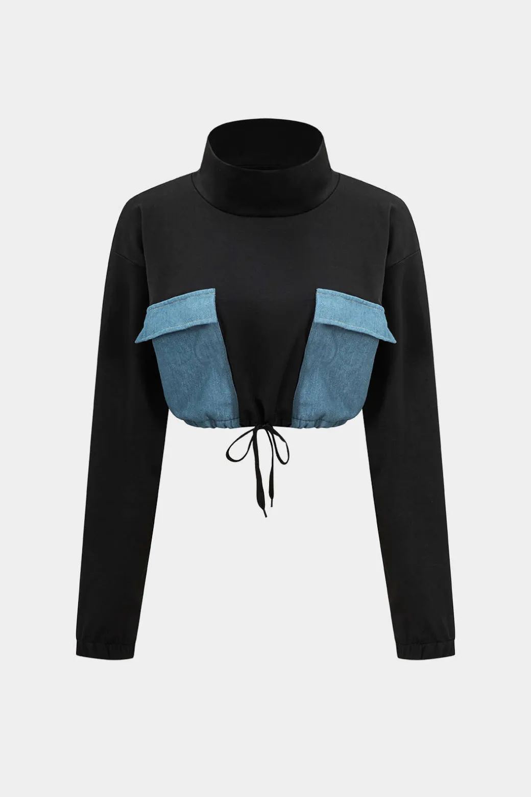 Denim Patchwork Pocket Tie-Up Top And Trousers Set