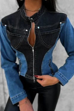 Denim Patchwork Pocket Zipper Outerwear