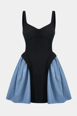 Denim Patchwork Ruched Sleeveless Mini Dress