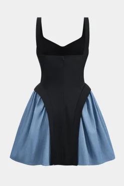 Denim Patchwork Ruched Sleeveless Mini Dress
