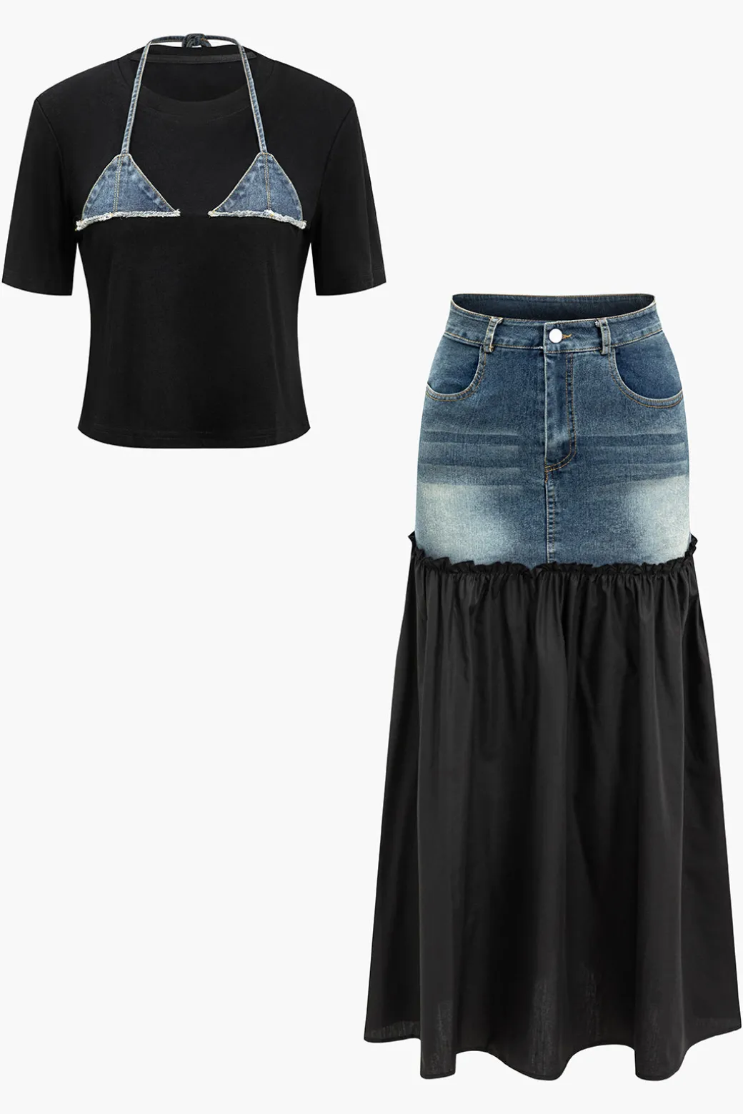 Denim Patchwork T-shirt And Skirt Set