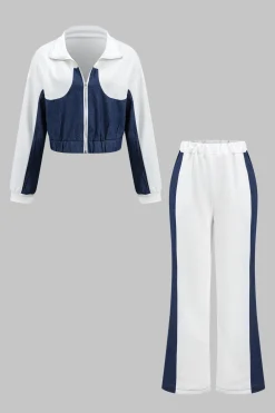 Denim Zipper Patchwork Jacket And Trousers Set