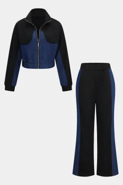 Denim Zipper Patchwork Jacket And Trousers Set