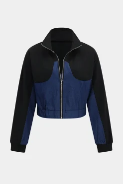 Denim Zipper Patchwork Jacket And Trousers Set