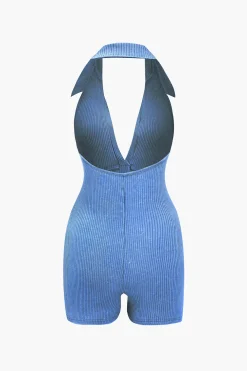 Distressed Backless Halter V-neck Romper