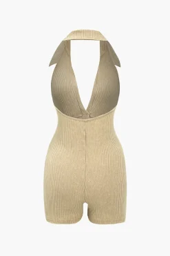 Distressed Backless Halter V-neck Romper