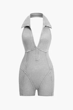 Distressed Backless Halter V-neck Romper