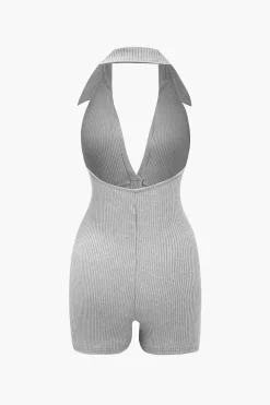 Distressed Backless Halter V-neck Romper