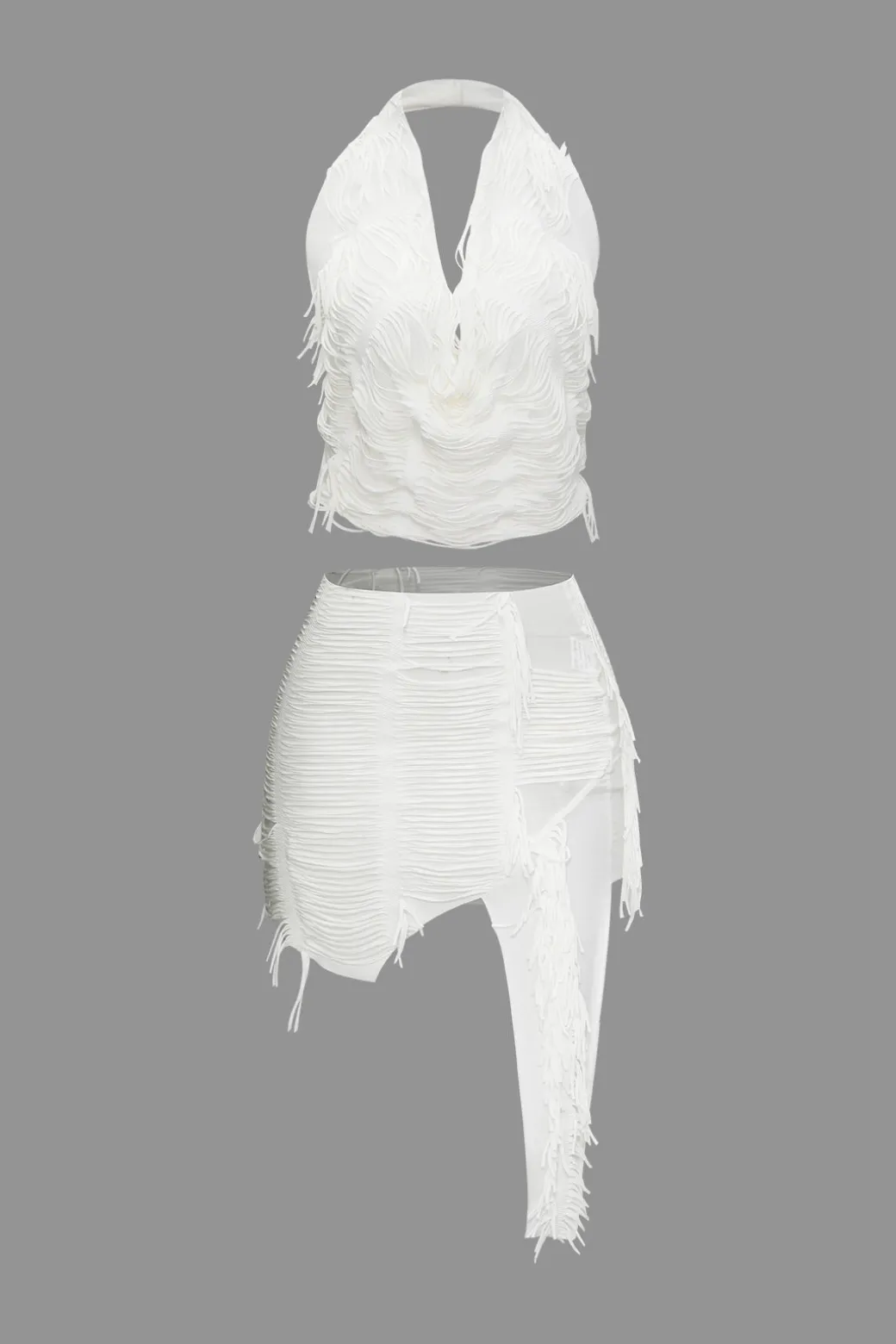 Distressed Halter Cami Top And Asymmetrical Mini Skirt Set
