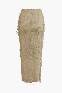 Distressed V-neck Cap Sleeve Crop Top And Slit Maxi Skirt Set