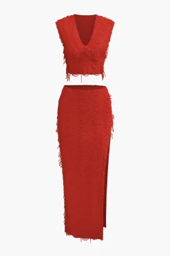 Distressed V-neck Cap Sleeve Crop Top And Slit Maxi Skirt Set